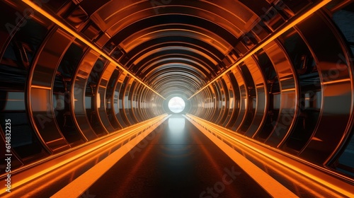 The tunnel is constructed with sleek blue glass, creating a futuristic and captivating atmosphere
