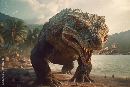 Photorealistic Komodo dragon attacks. AI generated. Komodo dragon with open mouth with teeth. © serperm73