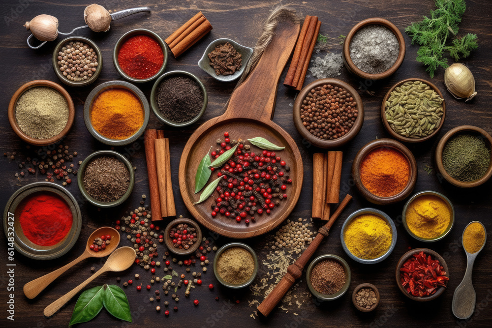 Various aromatic colorful spices and herbs. Ingredients for cooking. Ayurveda treatments. - obrazy, fototapety, plakaty 