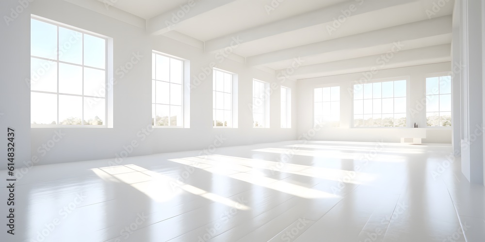 White minimalistic room with blank walls and sunlight streaming through windows. Sun rays and shadows background