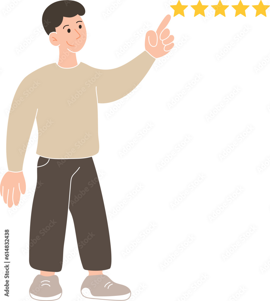Customer review concept isolated on white background. Young man is pointing five-star rating. Feedback and communication, rating stars. Online feedback reputation quality customer review Customer review concept isolated on white background. Young man is pointing five-star rating. Feedback and communication, rating stars. Online feedback reputation quality customer review