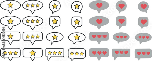 Set of colored customer review symbols. Feedback and communication, rating stars and like button hearts in different speech bubbles. Positive and negative comments and chat speech bubbles
