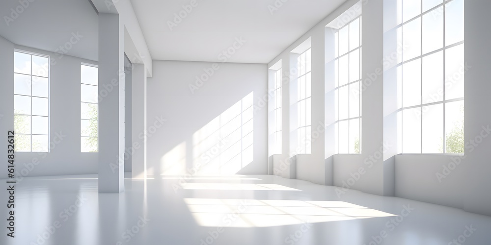 White minimalistic room with blank walls and sunlight streaming through windows. Sun rays and shadows background White minimalistic room with blank walls and sunlight streaming through windows. Sun rays and shadows background