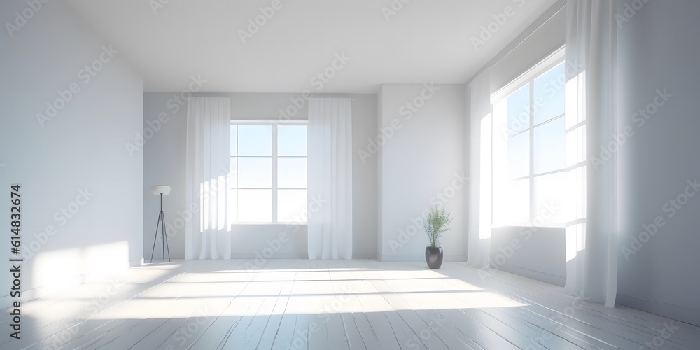 White minimalistic room with blank walls and sunlight streaming through windows. Sun rays and shadows background