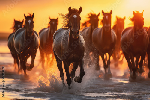 herd of horses of different colors running together on the beach in a sunset, ai generated.