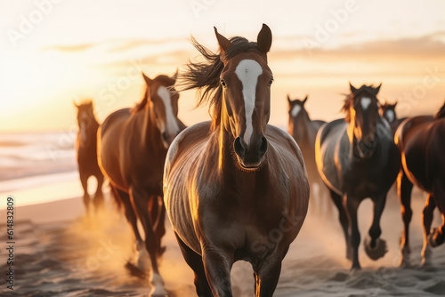 herd of horses of different colors running together on the beach in a sunset  ai generated.