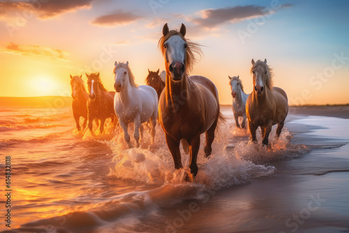 Fotomurale herd of horses of different colors running together on the beach in a sunset, ai generated