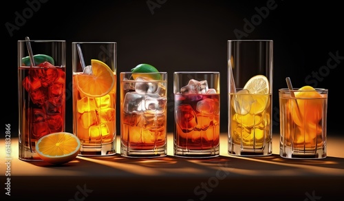 cool colorful drinks with ice cubes and fruits