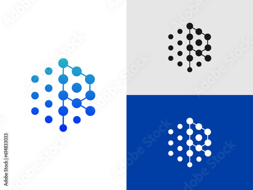 Letter R molecule atoms logo icon, Dots science technology illustration 