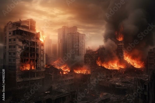 Digital depiction of a city in flames, destroyed and deserted by AI technology. Generative AI