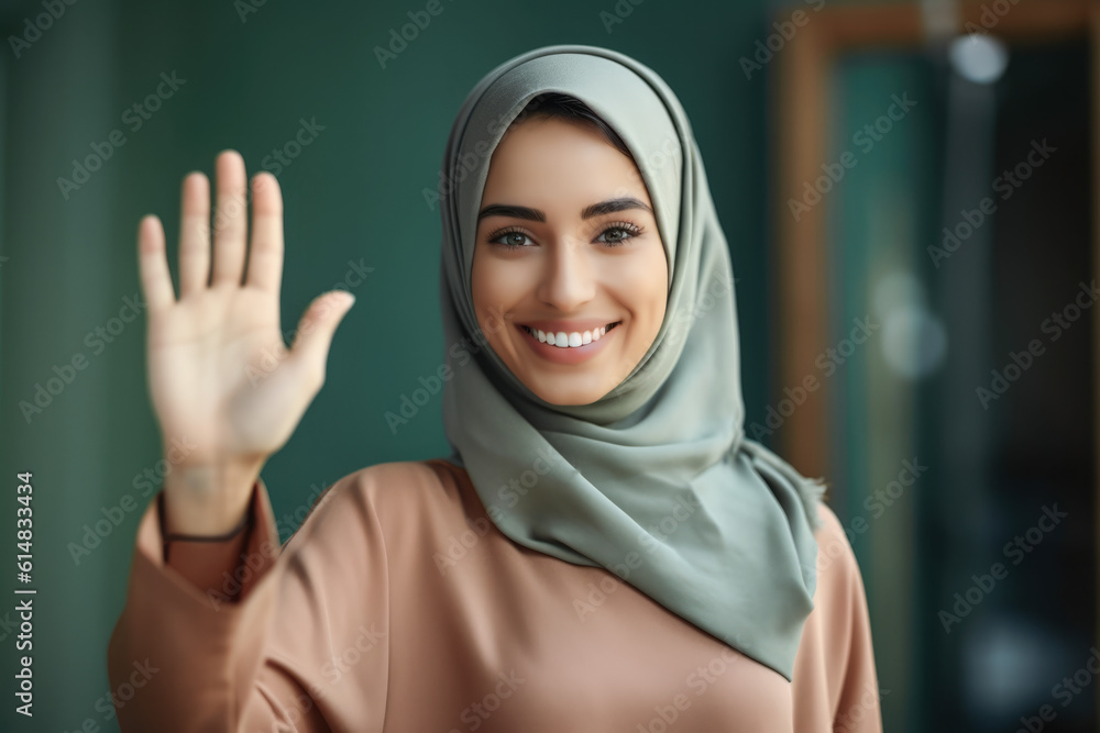 Close up of a woman at work smiling at her workplace and giving a high five to the camera. Generative AI Close up of a woman at work smiling at her workplace and giving a high five to the camera. Generative AI