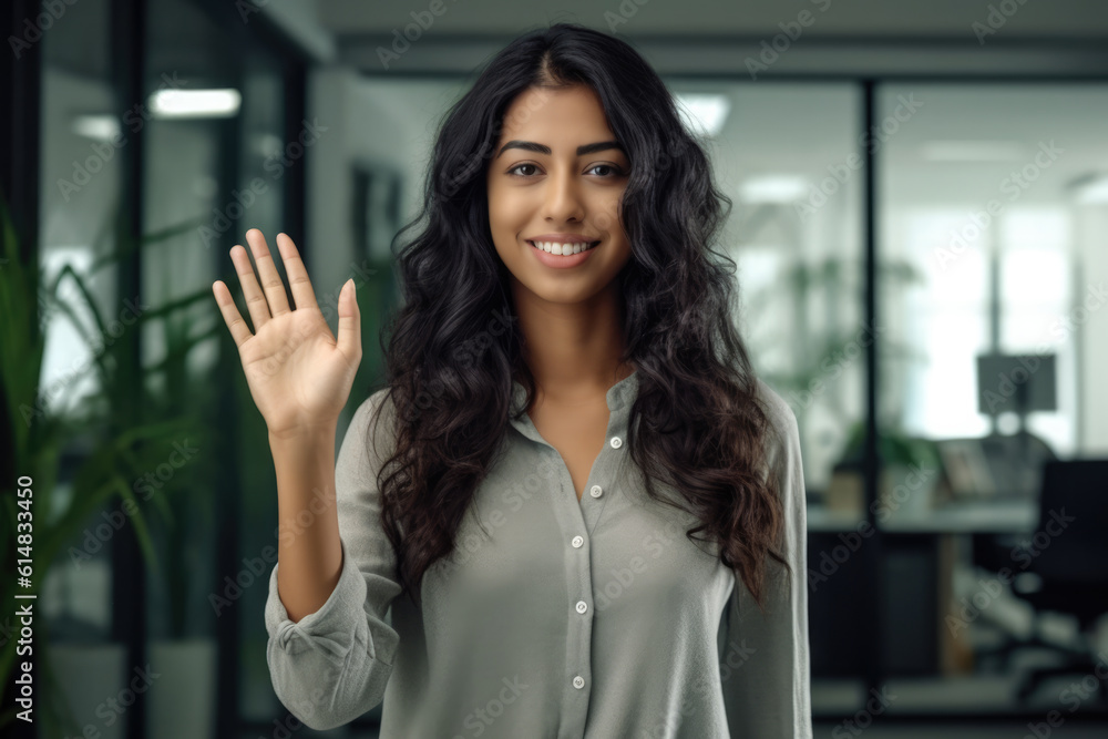 Close up of a woman at work smiling at her workplace and giving a high five to the camera. Generative AI