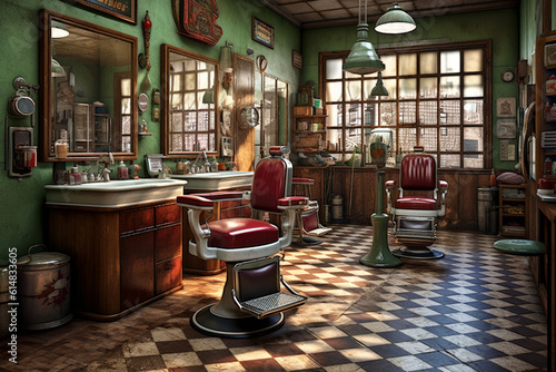 Men's barbershop, interior. Antique stylized. Old fashioned. Generative AI. © serperm73