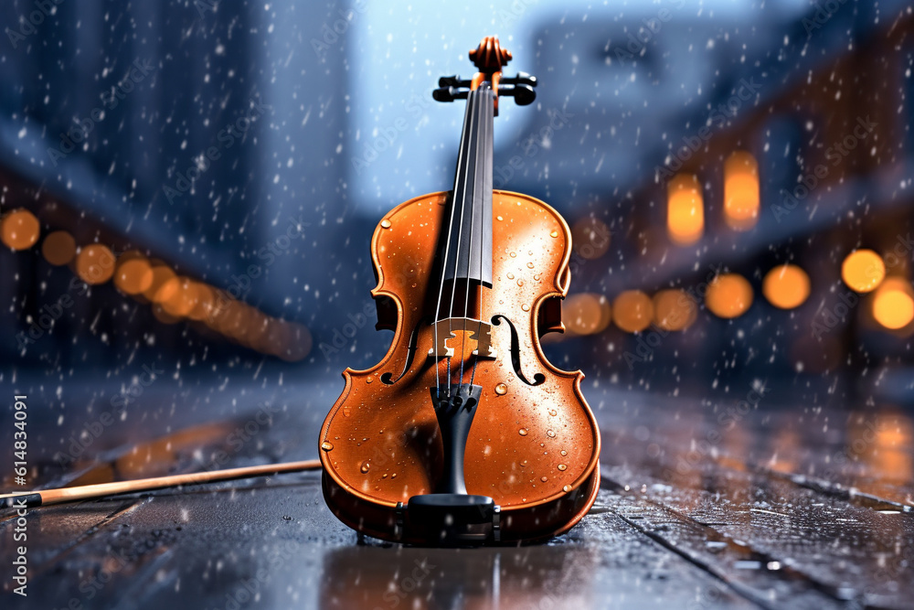 Fototapeta premium The violin is wet in the rain. AI generated.