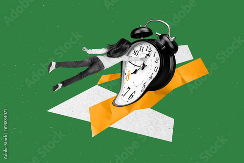 Creative 3d photo artwork graphics collage painting of flying small little lady changing time melting clock isolated green color background