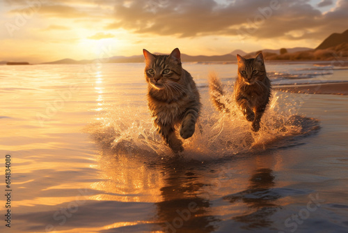 Two cats run in shallow water on a river or sea. Kittens raise splashes of water. AI generated. photo