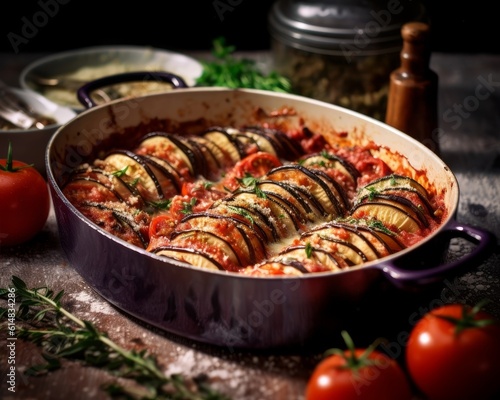 Involtini di Melanzane in a casserole dish fresh out of the oven, showing bubbling tomato sauce and grilled eggplant