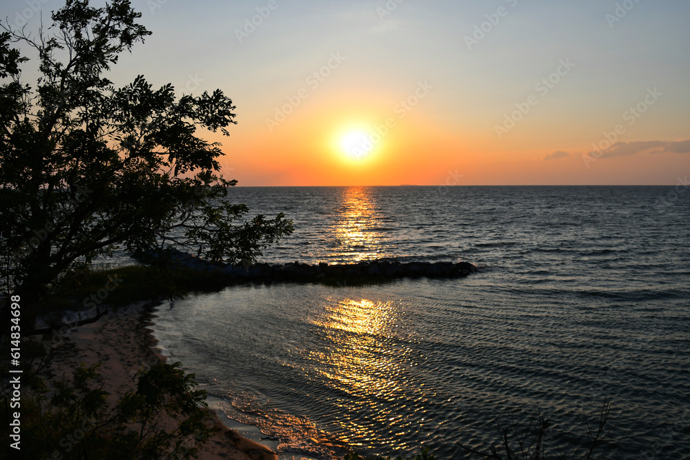 A vibrant sunset over the Chesapeake Bay which borders Virginia, Maryland and Delaware. 