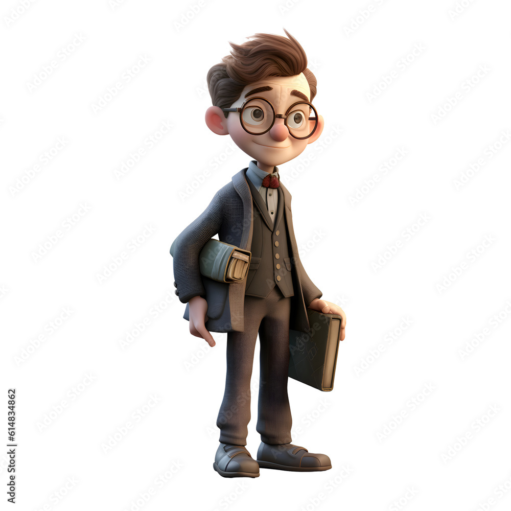 3D illustration of a cartoon character with glasses and a book in his hand