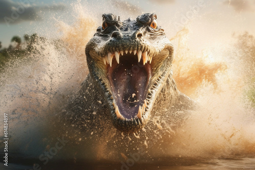 Crocodile attacks in the river. AI generated.