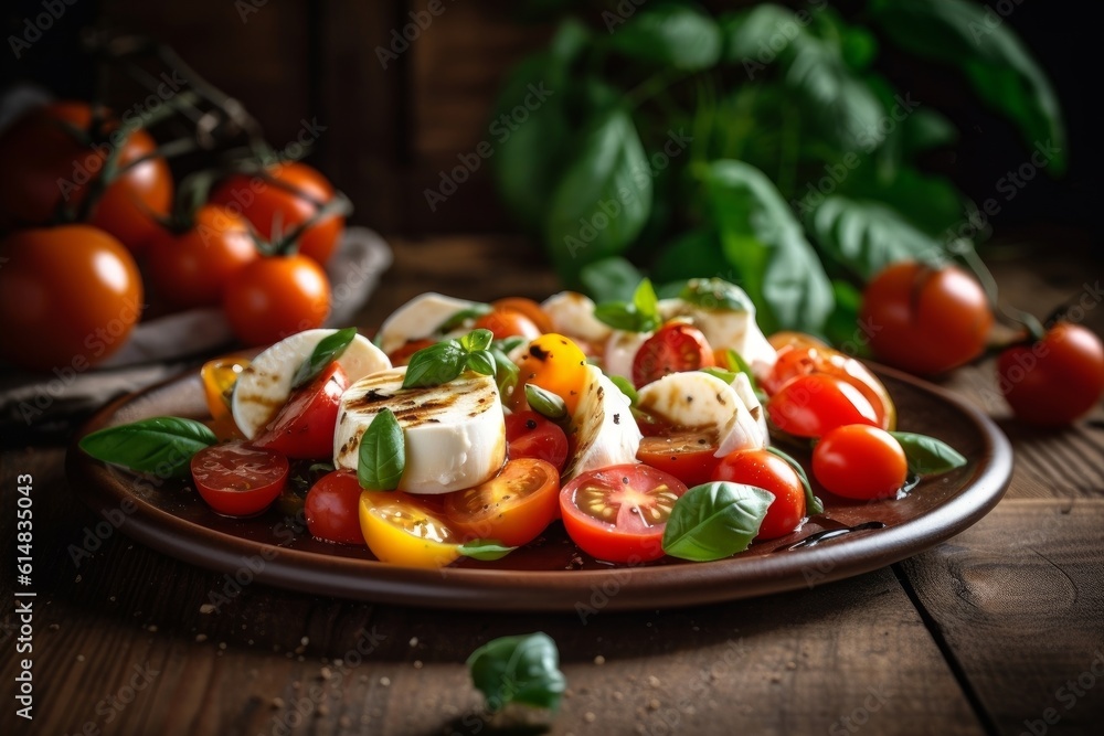 Caprese Salad on a rustic background, showcasing the ingredients of sliced tomatoes, mozzarella cheese, and basil Caprese Salad on a rustic background, showcasing the ingredients of sliced tomatoes, mozzarella cheese, and basil
