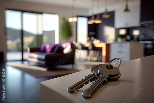 Foto Keys on the table in new apartment or hotel room