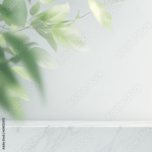 Minimalistic light background with blurred foliage shadow on a light wall. Beautiful background for presentation with with marble floor.