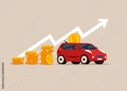 Savings money of coins to buy a car, concept for property. Flat vector illustration