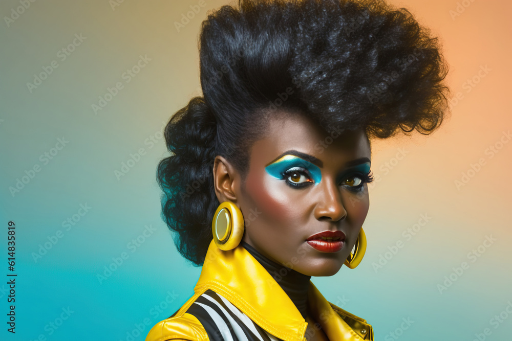 Beauty fashion model african american girl, bright shiny make-up and clothes in disco style. 80s-90s nostalgia concept,