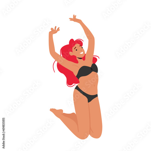 Joyful Redhead Woman Leaping In Swimsuit, Radiating Happiness And Freedom, Embracing The Exhilarating Feeling