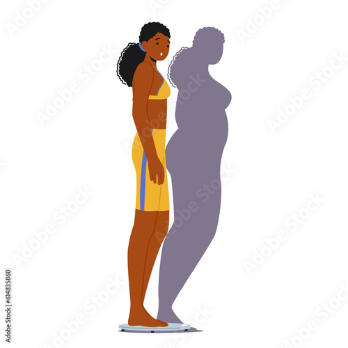 Slim Woman Character Standing on Scales Gazes At Her Shadow, Perceiving Herself As Overweight, Vector Illustration