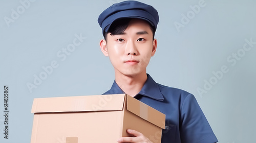 Delivery service worker, Asian man in a special uniform with a cardboard box on a blue background, copy space