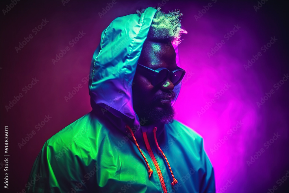 African American man in sunglasses and bright sportswear with a hood on his head, neon purple background