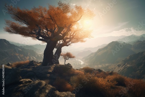 Beautiful fantasy landscape featuring a tree and mountains with stunning sunlight. Generative AI