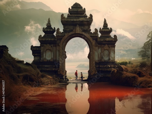 Bali, Indonesia, Traveler at the Ancient Gates of Pura Temple, generative ai