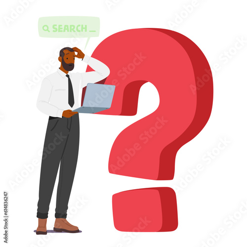 Business Person Searching For Information On Laptop With Huge Question Mark Signifying Curiosity And The Quest