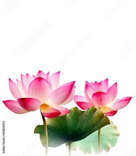 Watercolor painting of a beautiful pink lotus flowers on a white background. Cut out PNG illustration on transparent background. AI Generative.