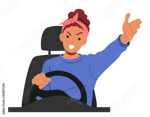 Angry Female Character In The Car. Agitated Woman In Auto, Yelling And Arguing While Driving, Displaying Signs Of Anger