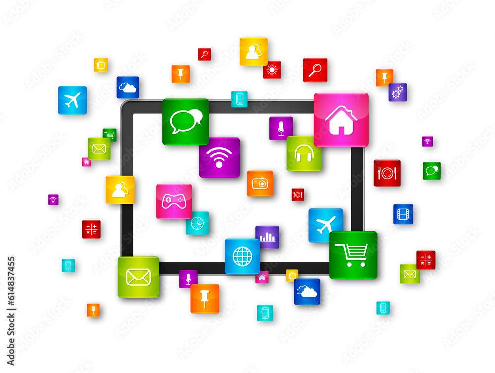 Tablet PC and flying apps icons Tablet PC and flying apps icons