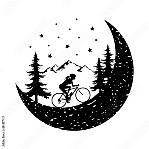 Woman Riding a Bike on the Moon, Hand Drawn Vector Illustration