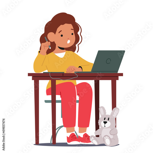 Young Girl Character Immersed In Technology. Kid Sit At Desk With Laptop And Graphic Tablet, Exploring Digital Realms