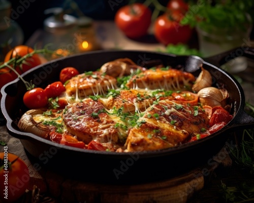 Pollo alla Parmigiana in a cast iron skillet, giving a rustic feel and surrounded by fresh ingredients