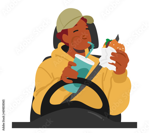 Dangerous Behavior of Man Character Multitasking By Eating While Driving, Posing A Risk To Himself And Others On Road