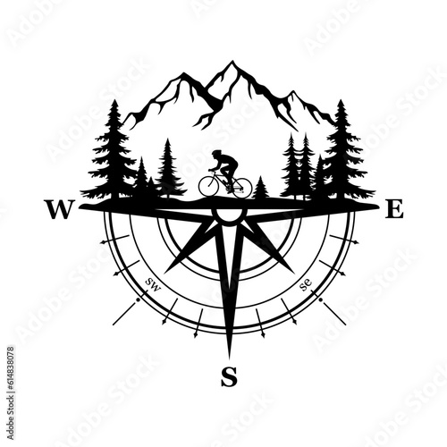 Cyclist in the Forest and Mountain with Compass, Hand Drawn Vector Illustration