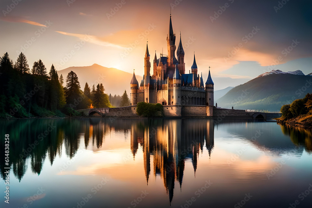 Beautiful Castle on hilltop covered with green grass and flowers, Created with AI Beautiful Castle on hilltop covered with green grass and flowers, Created with AI