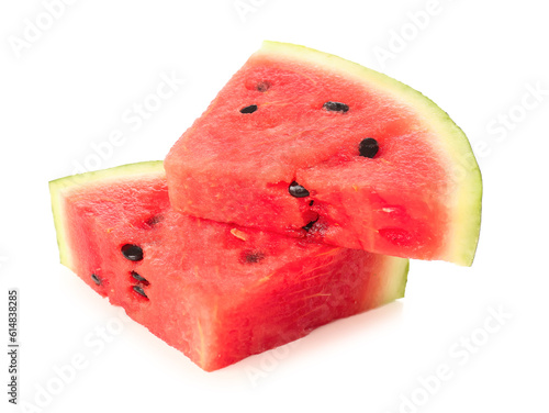 Pieces of fresh watermelon on white background