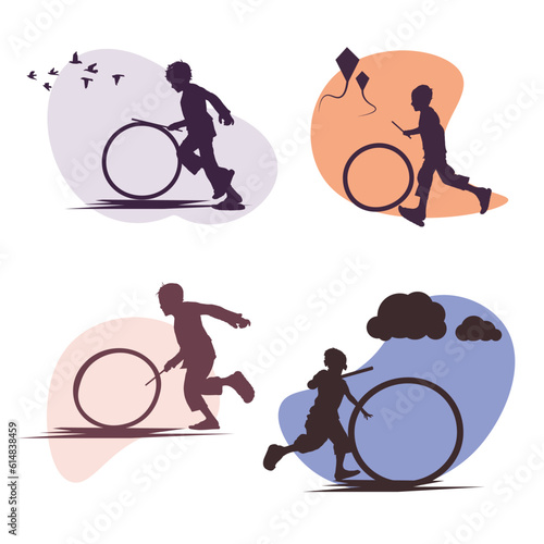 A restless boy playing with an old expired bicycle tire. Flat vector character design concepts set.