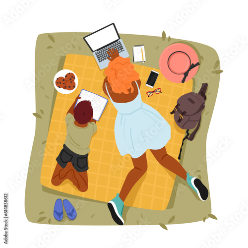Serene Top-view Scene Of A Mother And Son Characters Lying On A Picnic Blanket, Enjoying A Peaceful Outdoor Moment
