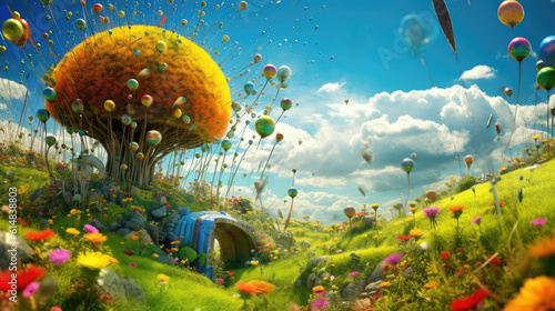 Magical fantasy landscape with large dandelion type tree and abstract ball flying in to the air. Generative AI.