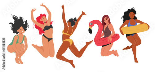 Joyful Diverse Beautiful Women Laughing And Jumping In Colorful Swimsuits, Celebrating Freedom, Confidence, And Beauty